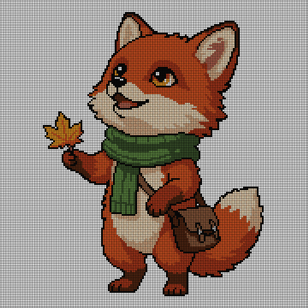 Cross-stitch pattern of a smiling red fox in a green knit scarf holding up an orange maple leaf, with a brown satchel at its side