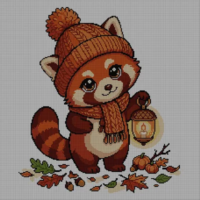 Cross-stitch pattern of a red panda in an orange pom-pom beanie and scarf holding a glowing acorn lantern, standing on autumn leaves with small pumpkins