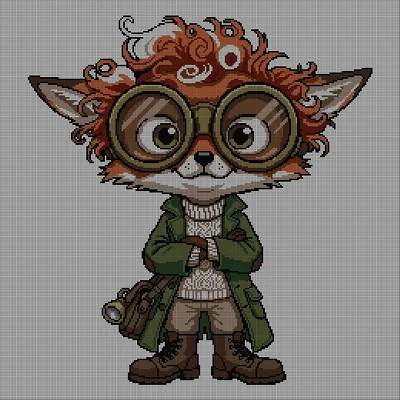 Cross-stitch pattern of a fox wearing round steampunk goggles and a green traveler's coat, with an ornate Celtic-knot patterned mane