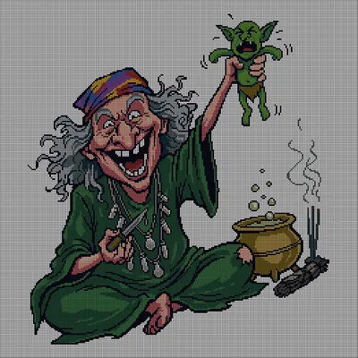 Cross-stitch pattern of a grinning old witch in a green robe and patterned headscarf holding a squirming green goblin above a bubbling golden cauldron