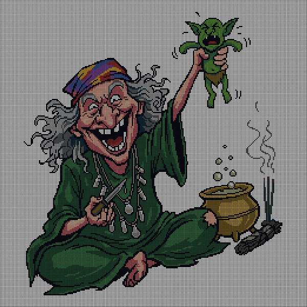Cross-stitch pattern of a grinning old witch in a green robe and patterned headscarf holding a squirming green goblin above a bubbling golden cauldron