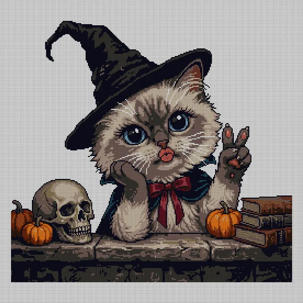 Cross-stitch pattern of a fluffy blue-eyed kitten in a black witch hat and red bow, flashing a peace sign beside a skull, small pumpkins and a stack of old books on a stone ledge