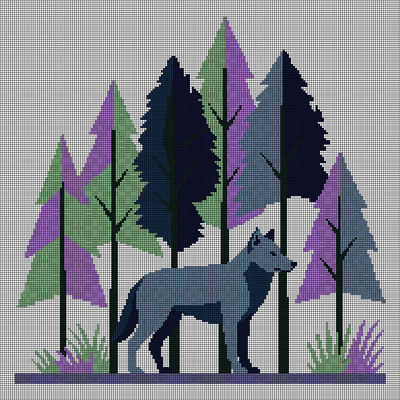 Cross-stitch pattern of a blue-gray wolf standing among flat, stylized pine trees in lavender, sage green, slate blue and navy