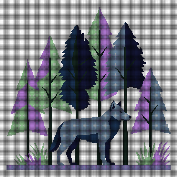 Cross-stitch pattern of a blue-gray wolf standing among flat, stylized pine trees in lavender, sage green, slate blue and navy