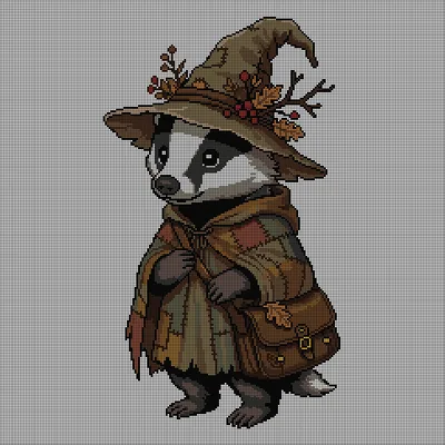 Cross-stitch pattern of a badger wearing a leaf-and-berry wizard hat and layered patchwork cloak, carrying a travel satchel