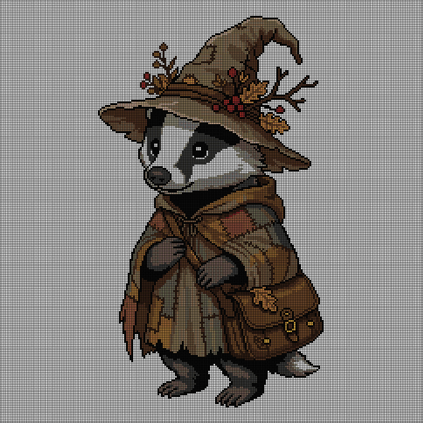 Cross-stitch pattern of a badger wearing a leaf-and-berry wizard hat and layered patchwork cloak, carrying a travel satchel
